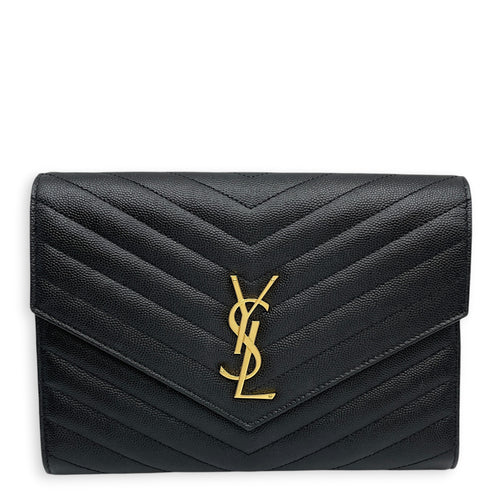 Envelope Black Wallet On Chain in Caviar Leather Gold hardware