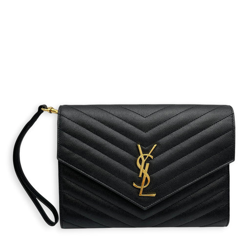 Envelope Black Wallet On Chain in Caviar Leather Gold hardware