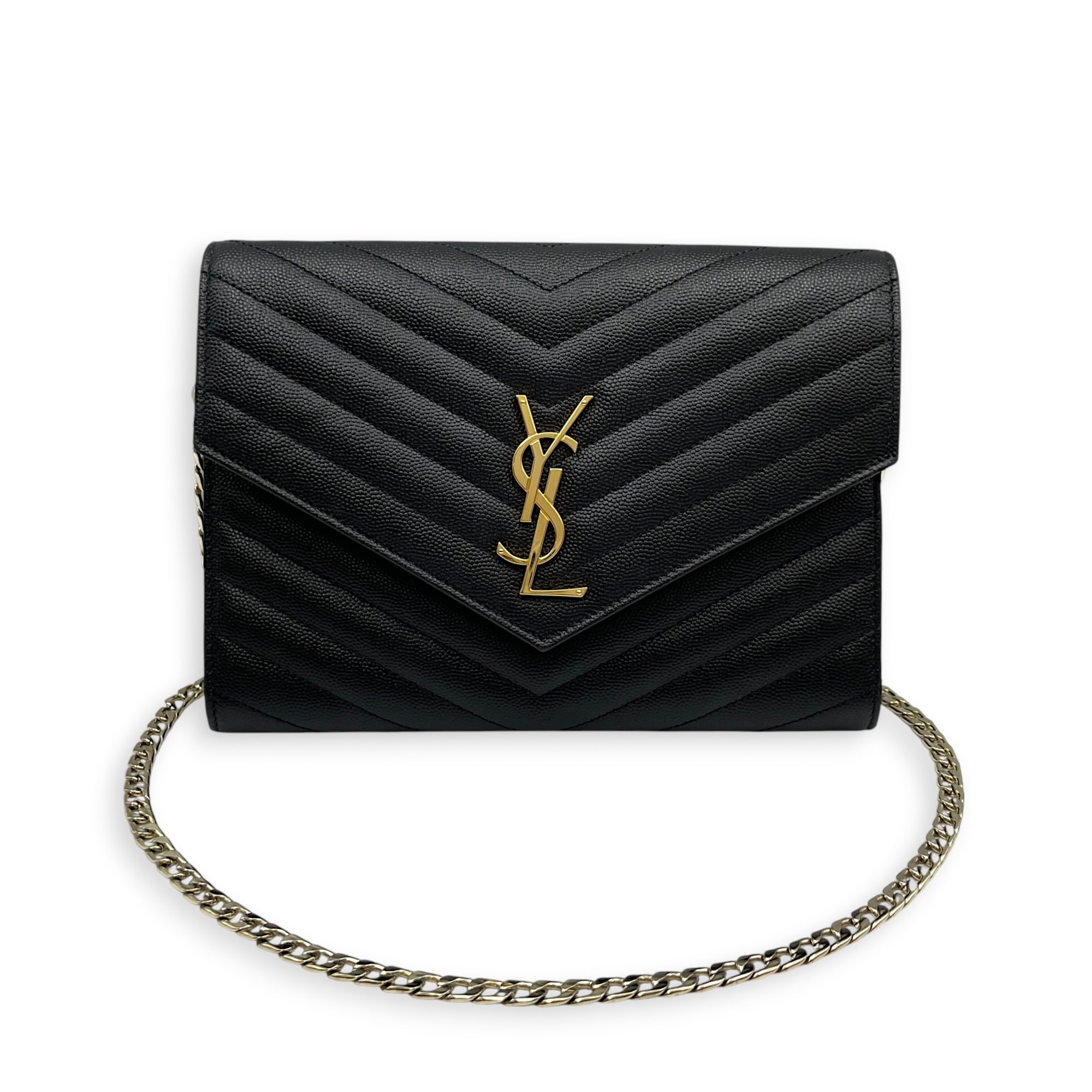 Envelope Black Wallet On Chain in Caviar Leather Gold hardware