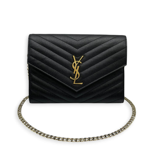 Envelope Black Wallet On Chain in Caviar Leather Gold hardware