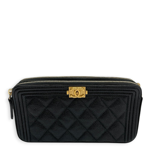 Boy Black Wallet On Chain in Caviar Leather Brushed Gold hardware