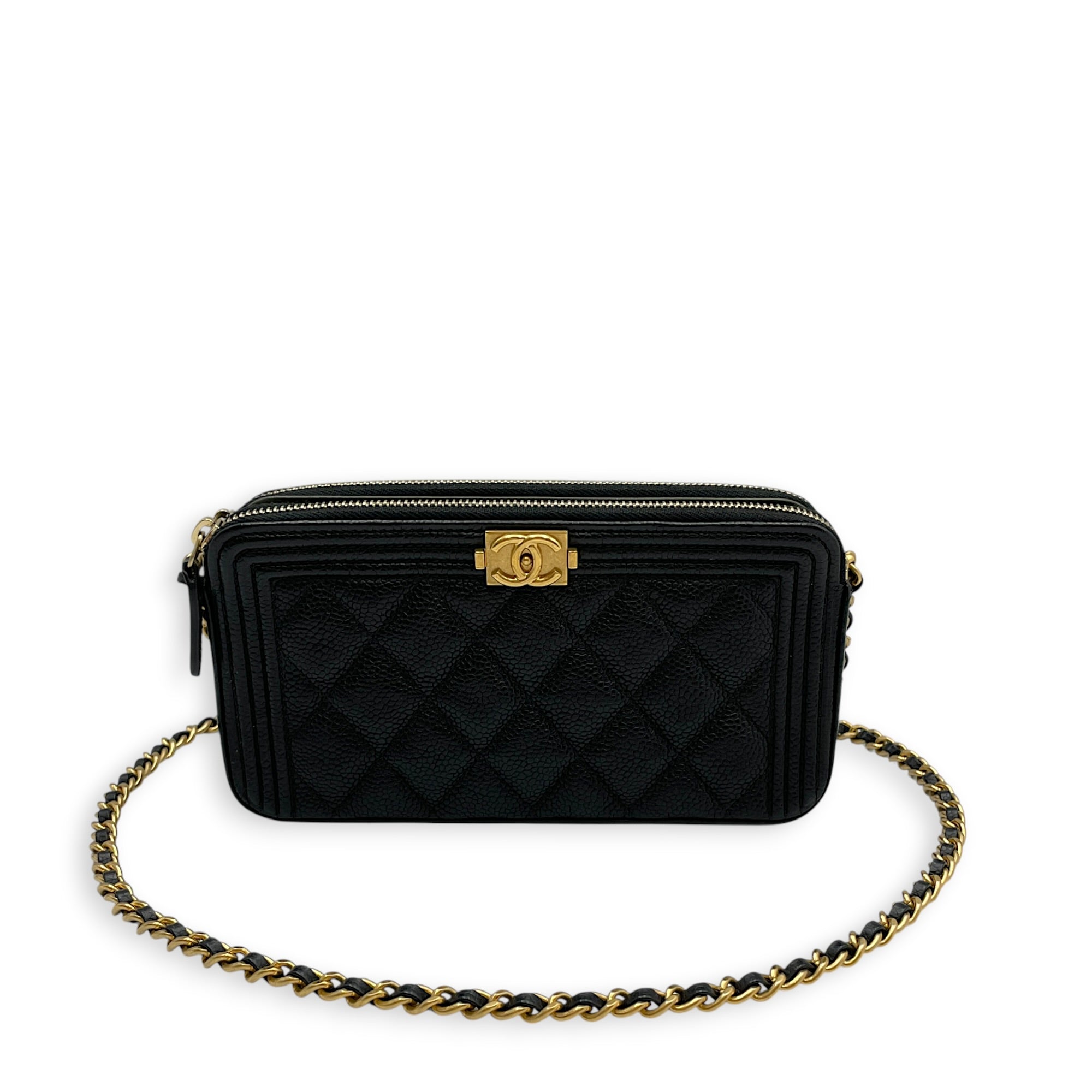 Boy Black Wallet On Chain in Caviar Leather Brushed Gold hardware
