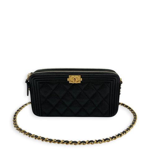 Boy Black Wallet On Chain in Caviar Leather Brushed Gold hardware