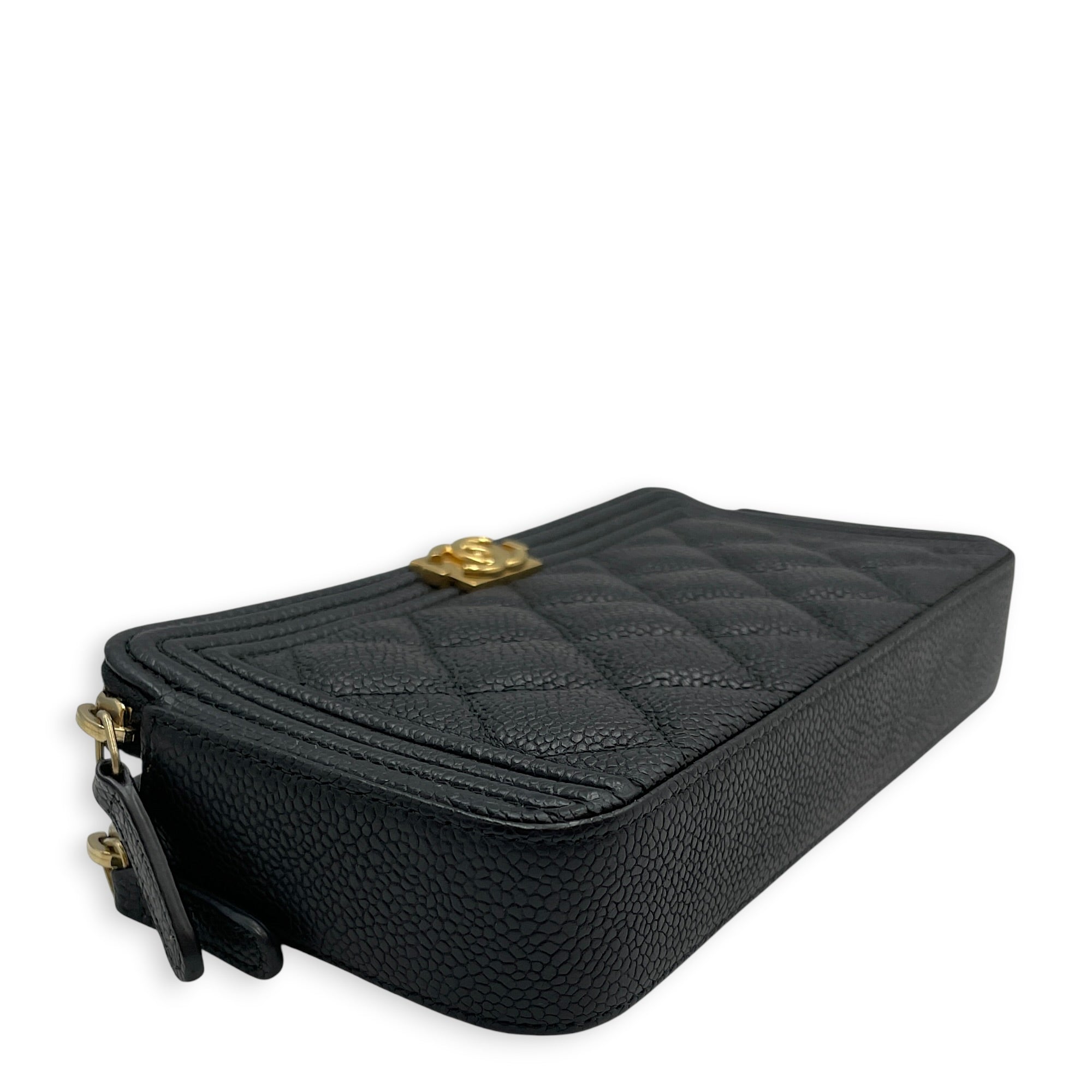 Boy Black Wallet On Chain in Caviar Leather Brushed Gold hardware