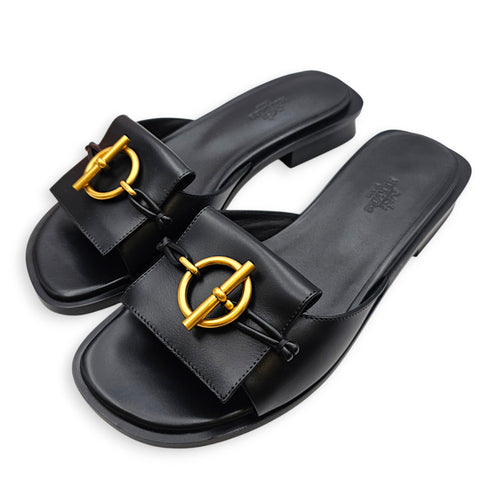 Isle 37 Noir Sandals in Calfskin Gold hardware