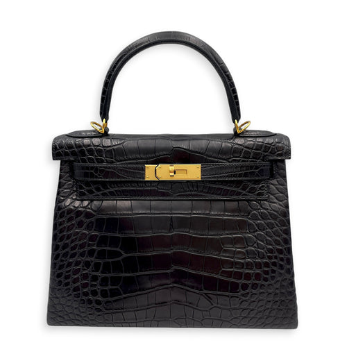 Kelly 28 Noir in Matte Alligator Gold hardware
