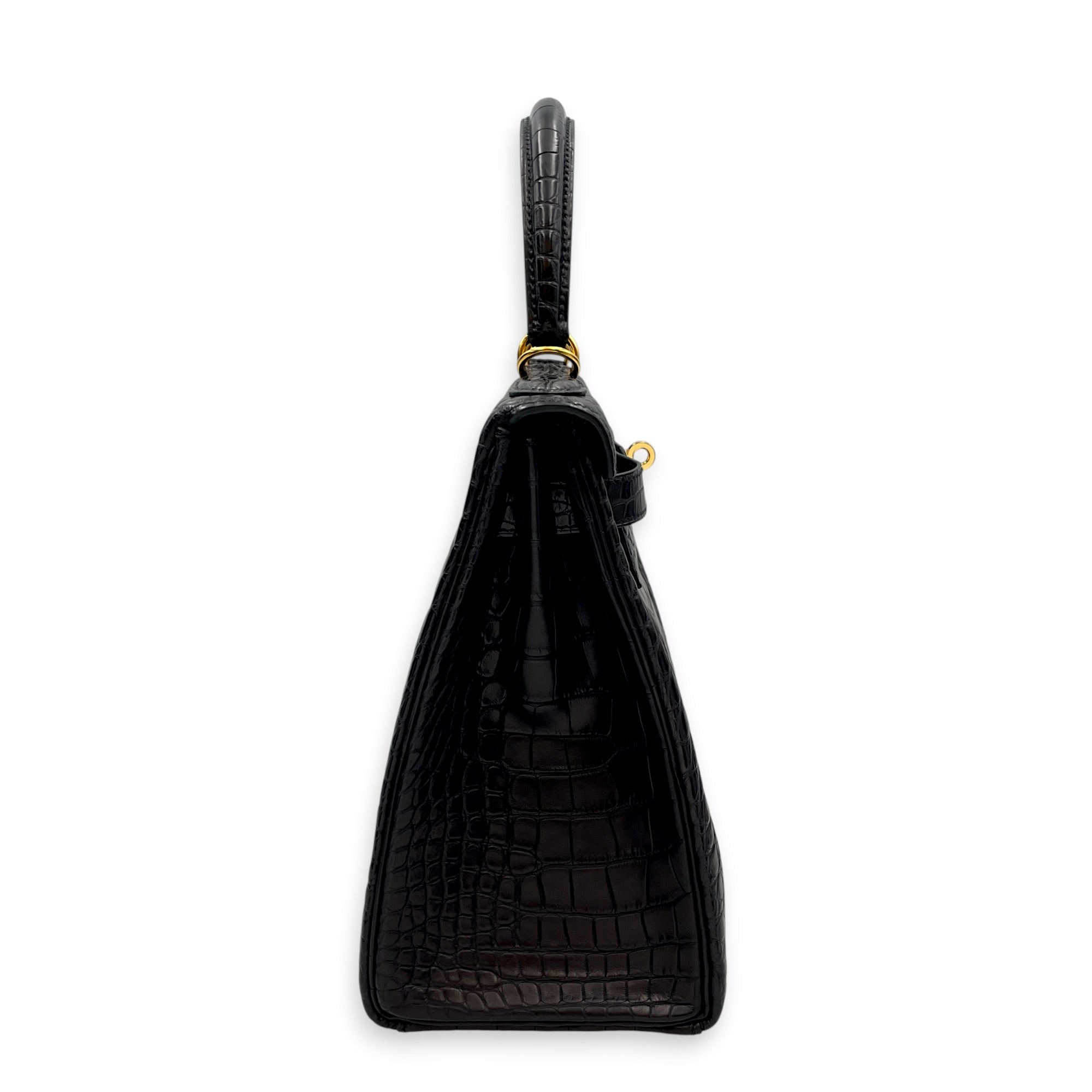 Kelly 28 Noir in Matte Alligator Gold hardware