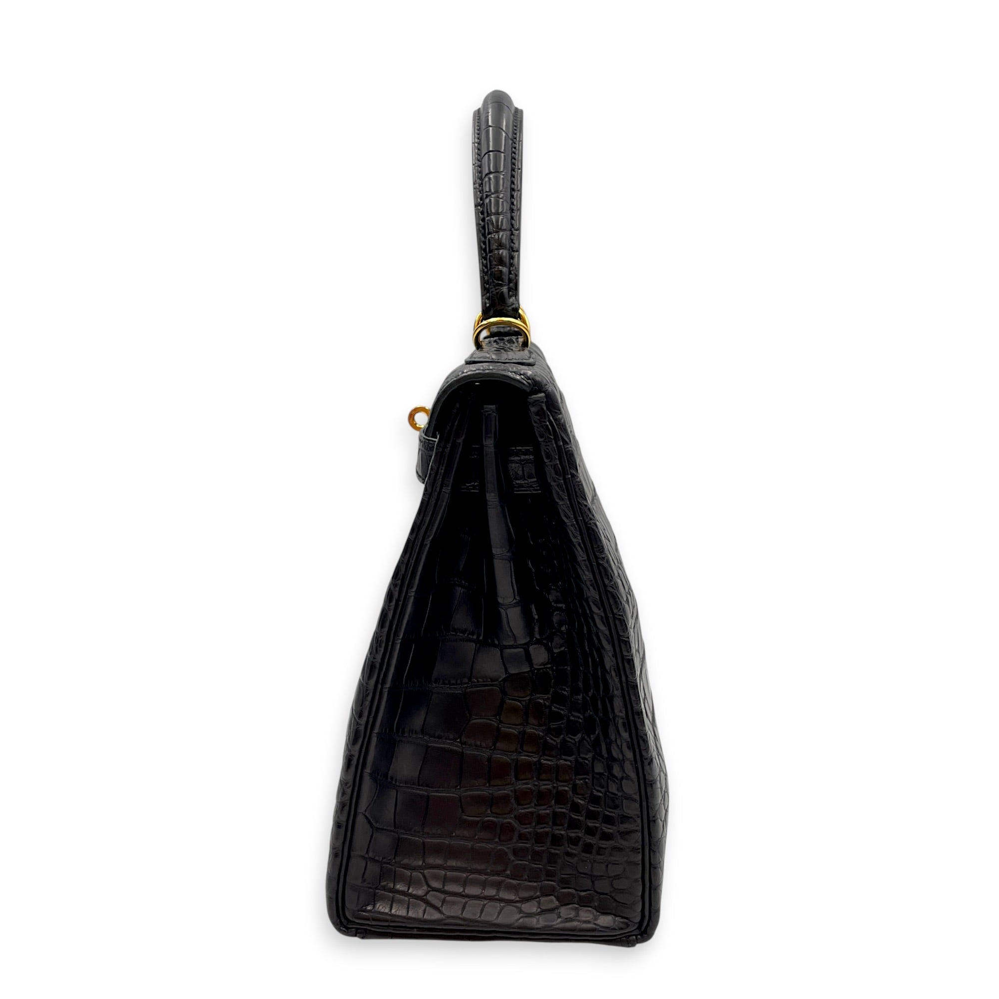 Kelly 28 Noir in Matte Alligator Gold hardware