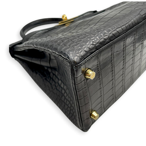 Kelly 28 Noir in Matte Alligator Gold hardware