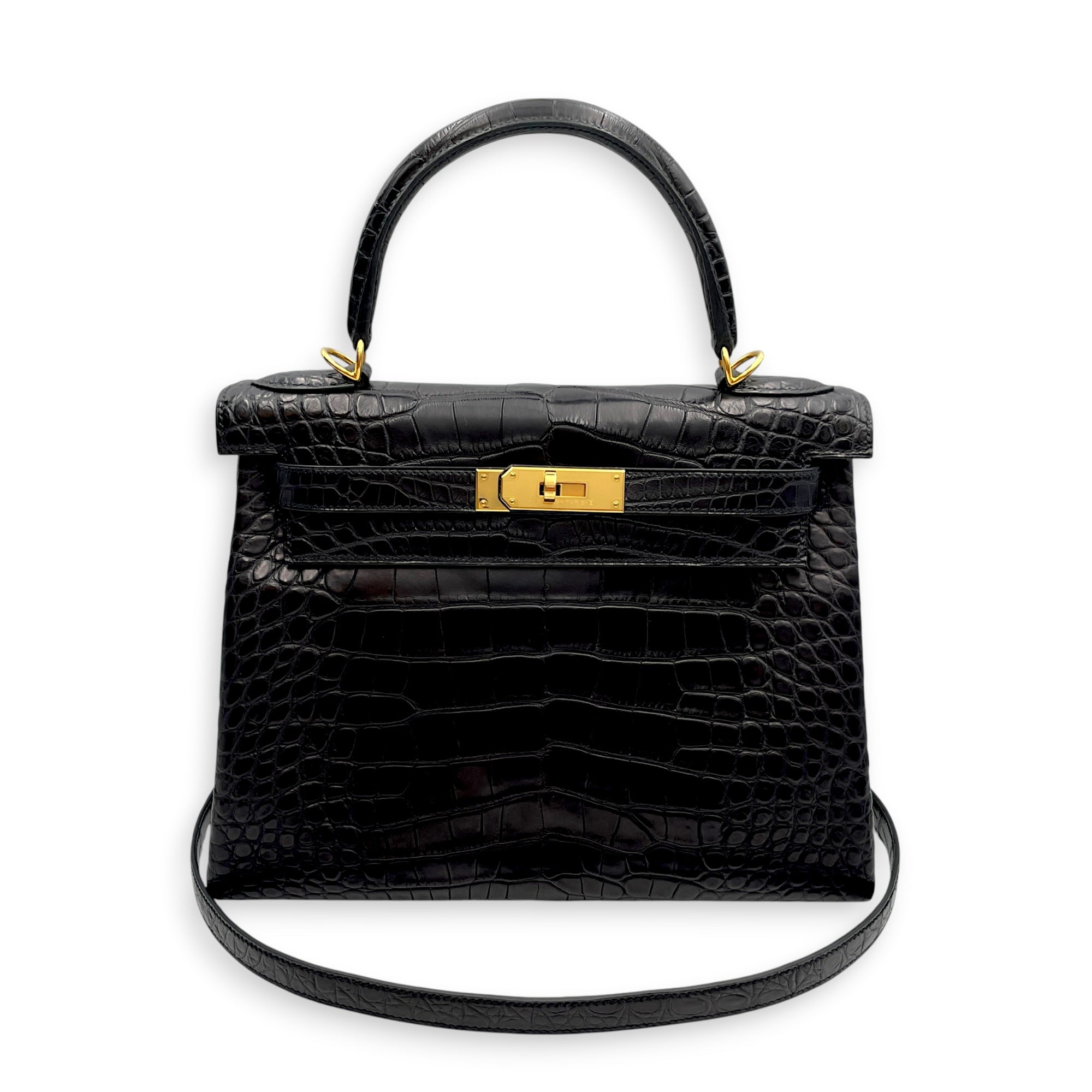 Kelly 28 Noir in Matte Alligator Gold hardware