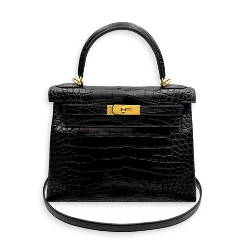 Kelly 28 Noir in Matte Alligator Gold hardware