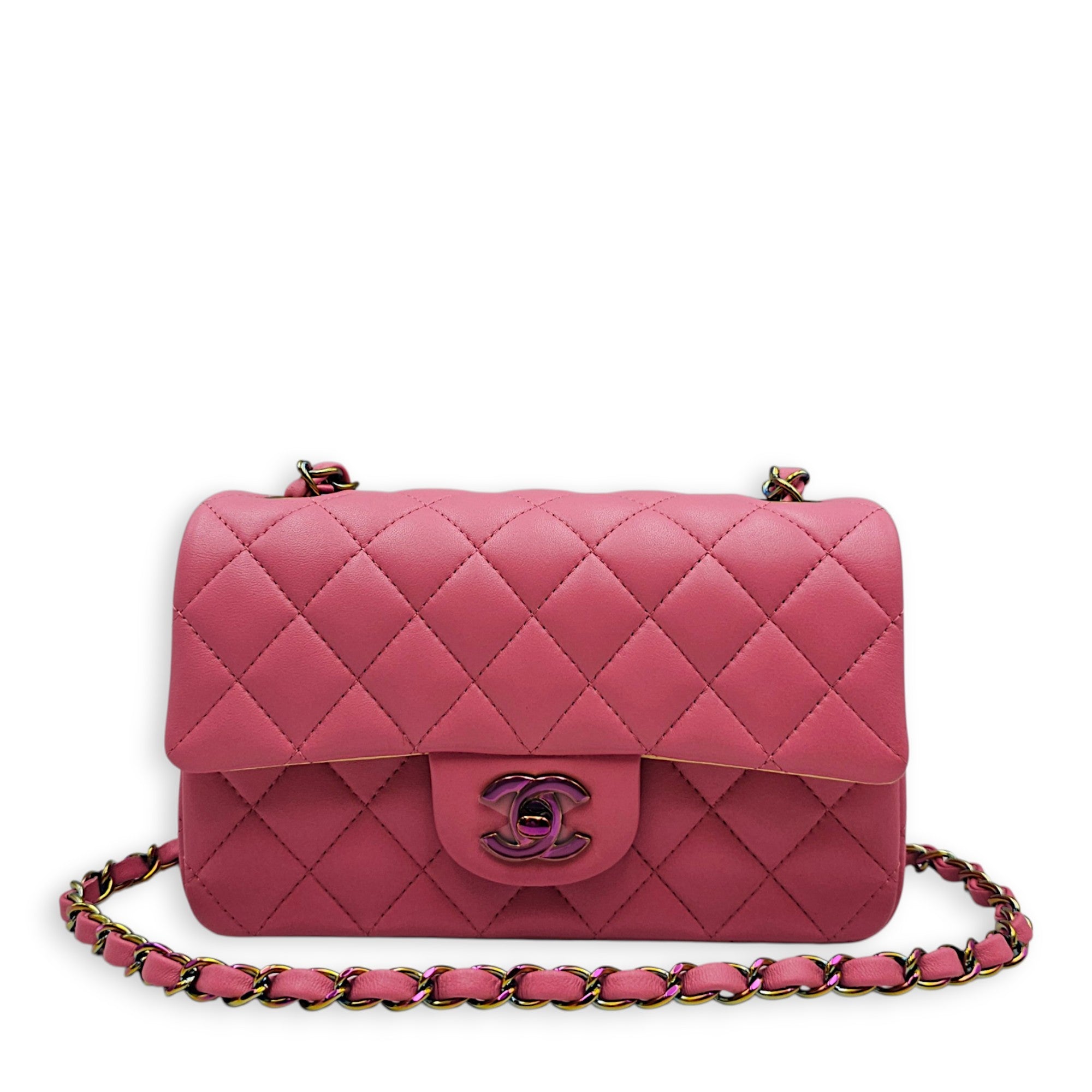 Mini Rectangular Flap Mini Pink Shoulder Bag in Calfskin Iridescent hardware