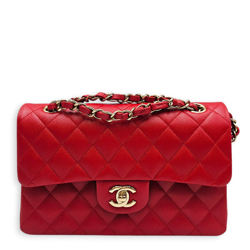 Classic Small Red Shoulder Bag in Caviar Leather Gold hardware
