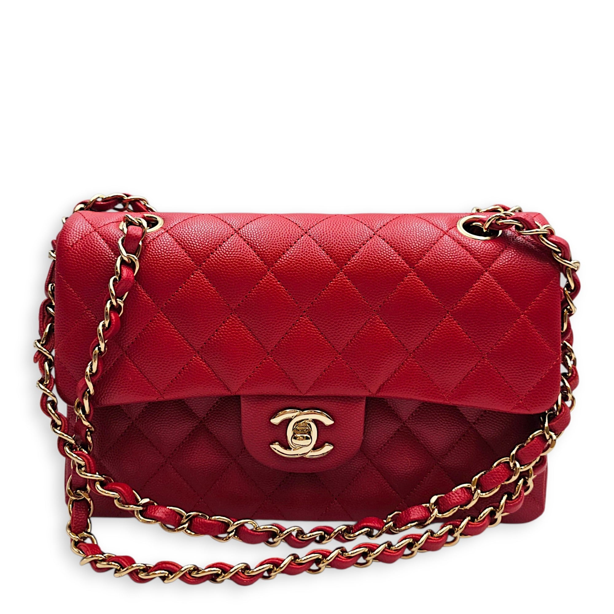 Classic Small Red Shoulder Bag in Caviar Leather Gold hardware