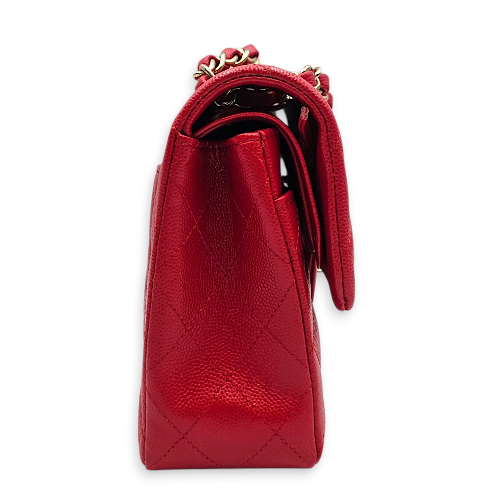 Classic Small Red Shoulder Bag in Caviar Leather Gold hardware