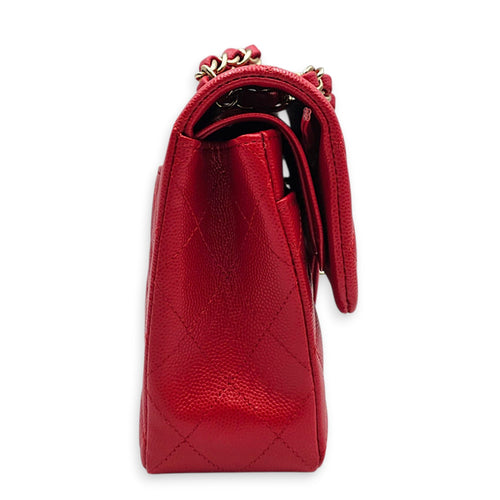 Classic Small Red Shoulder Bag in Caviar Leather Gold hardware