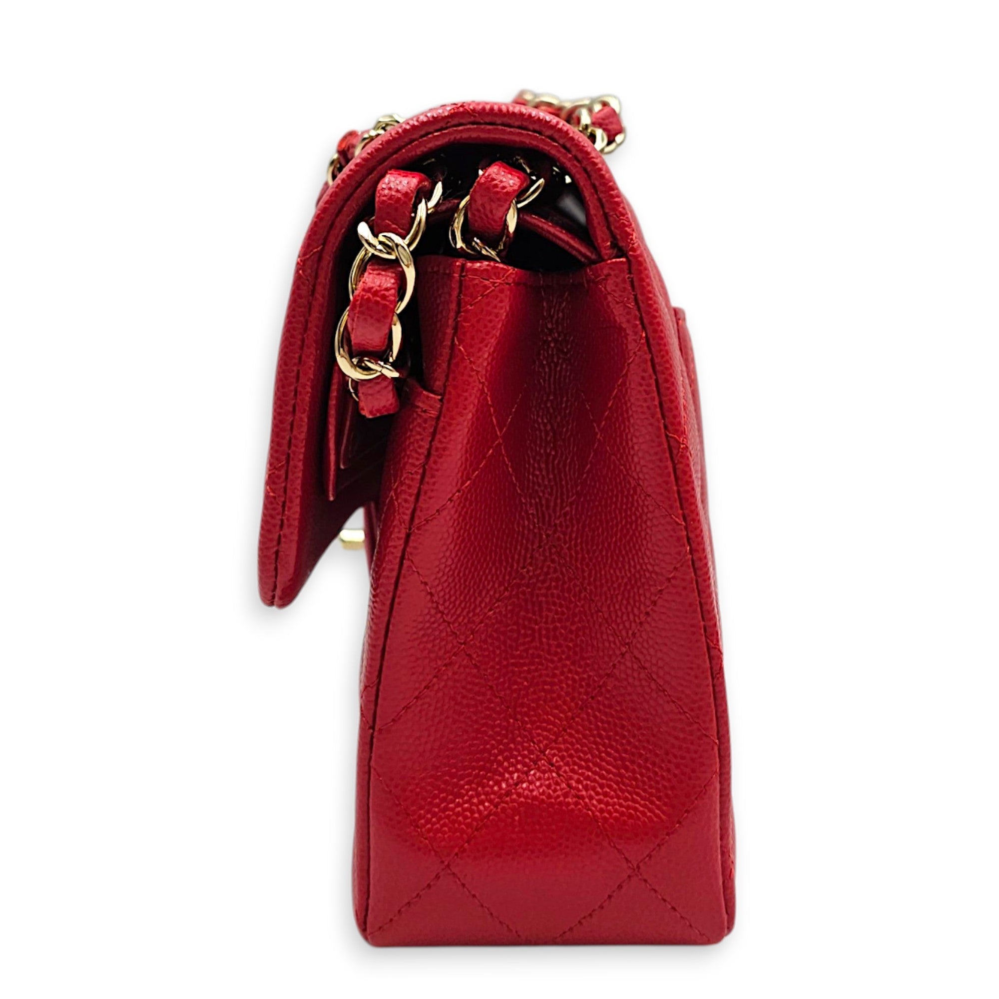 Classic Small Red Shoulder Bag in Caviar Leather Gold hardware