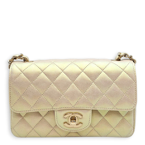 Rectangular Iridescent  Mini Iridescent White Shoulder Bag in Calfskin Light Gold hardware