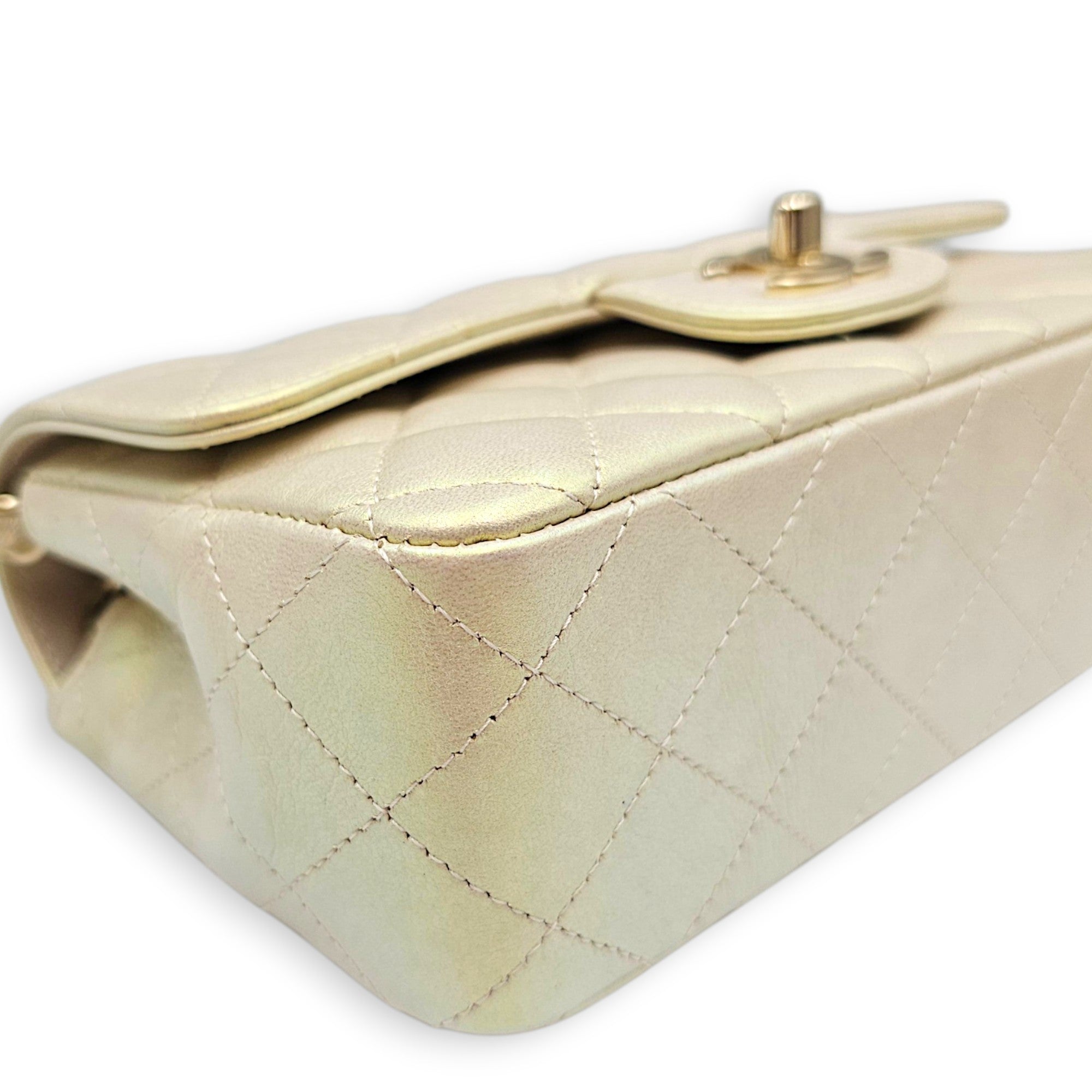 Rectangular Iridescent  Mini Iridescent White Shoulder Bag in Calfskin Light Gold hardware