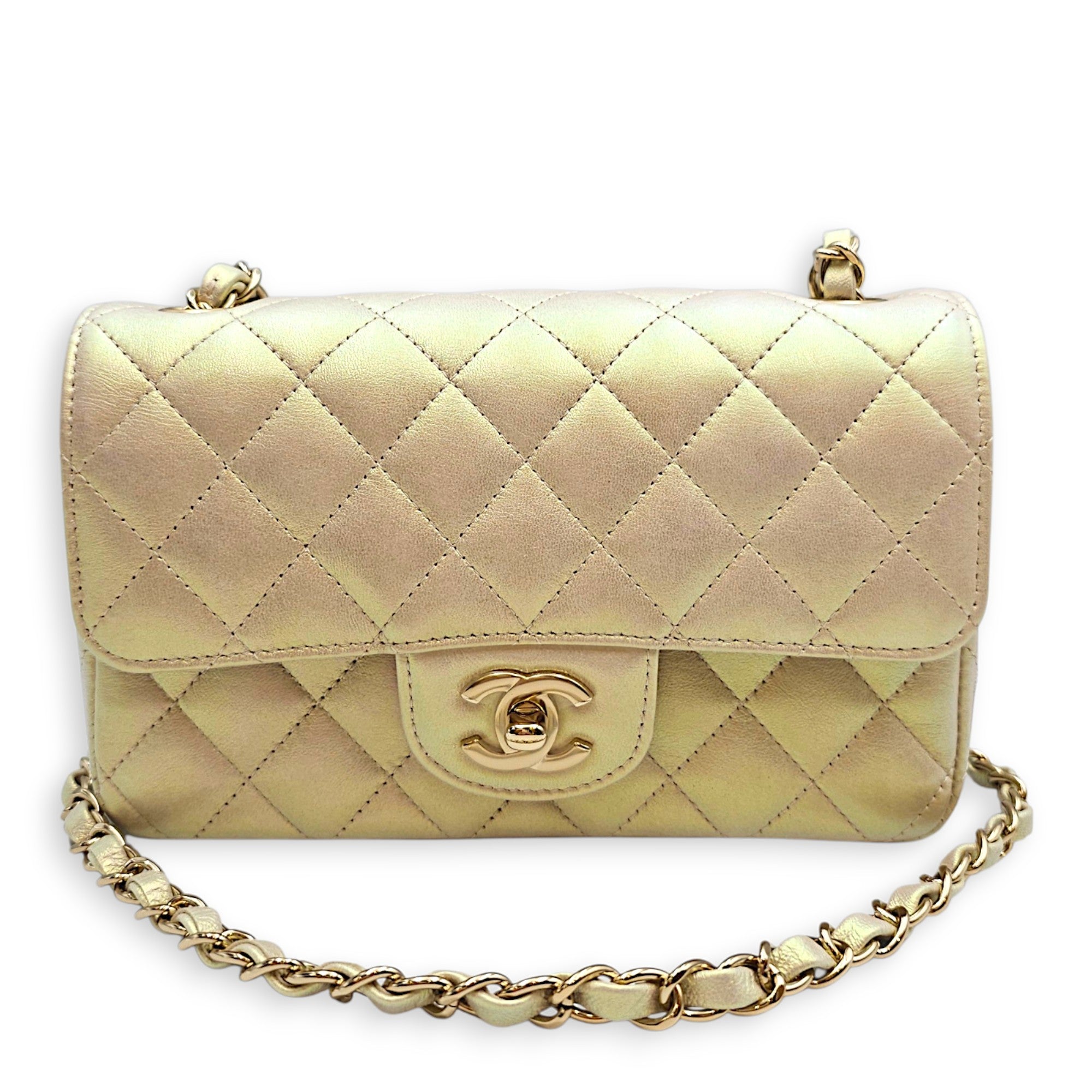 Rectangular Iridescent  Mini Iridescent White Shoulder Bag in Calfskin Light Gold hardware
