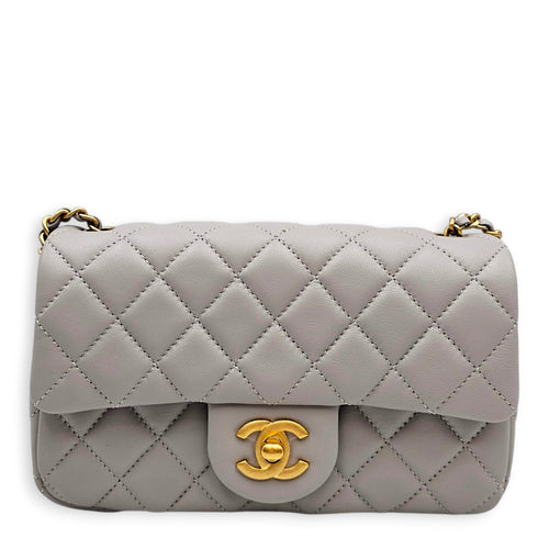 Rectangular Flap with Pearl Crush  Mini Grey Shoulder Bag in Lambskin Gold hardware