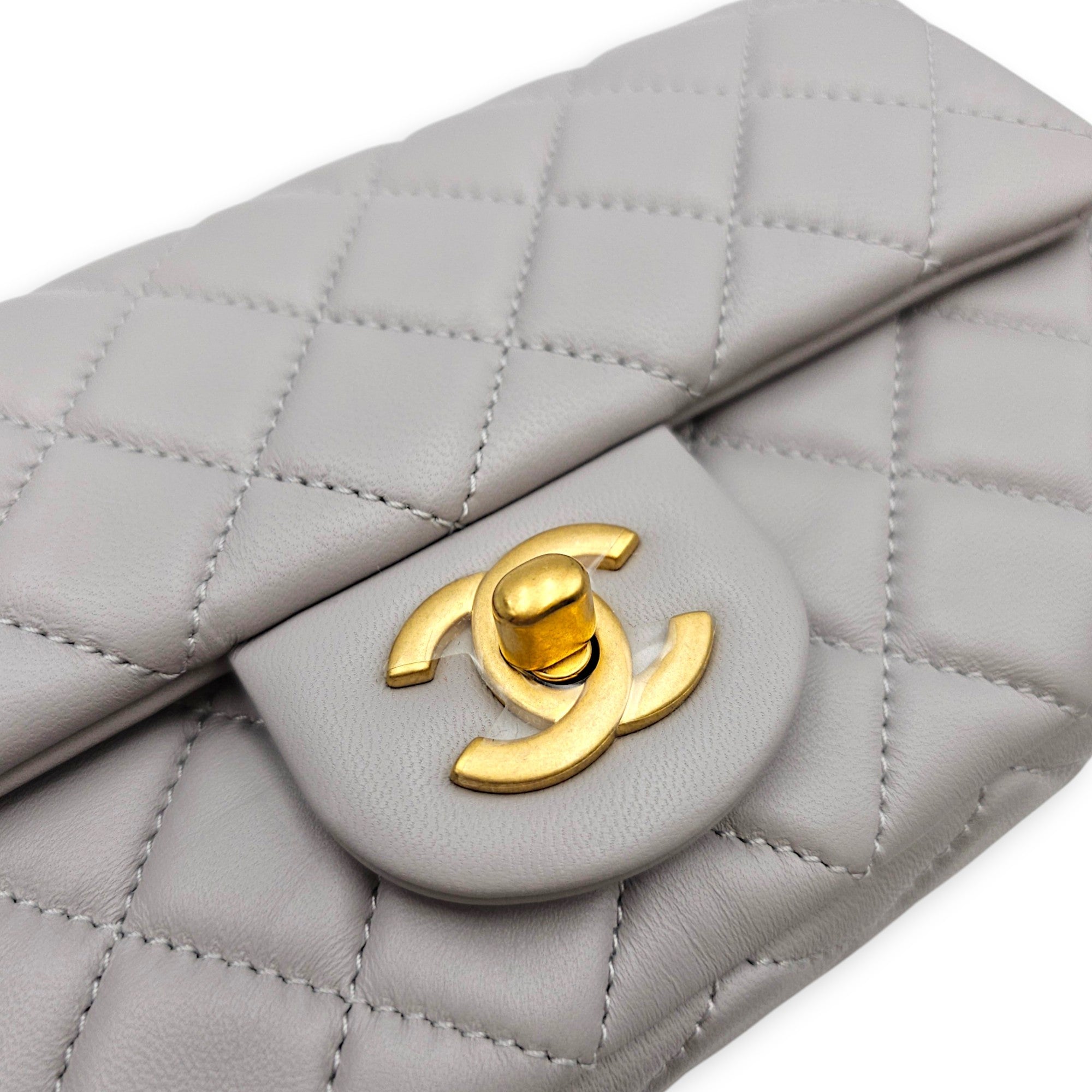 Rectangular Flap with Pearl Crush  Mini Grey Shoulder Bag in Lambskin Gold hardware