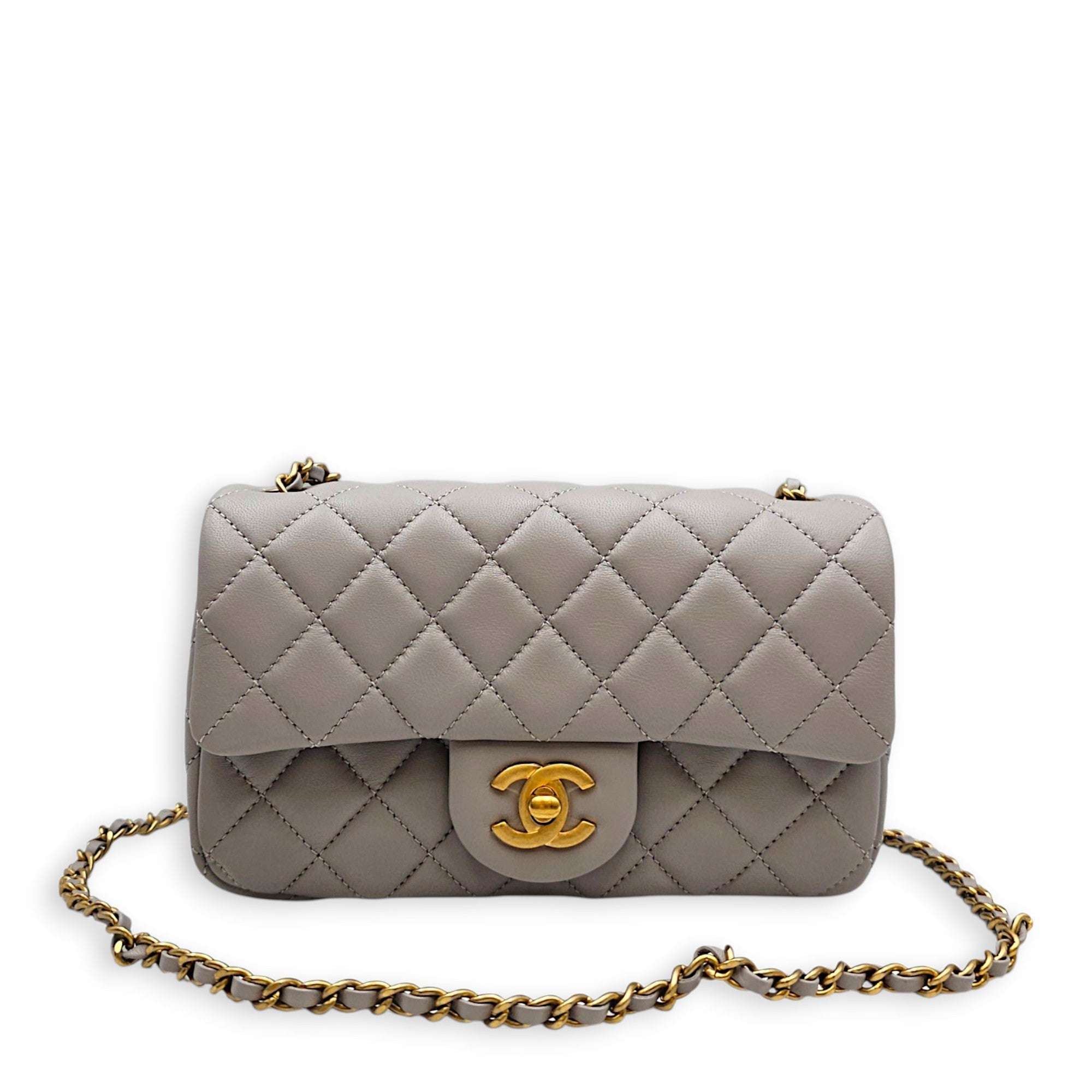 Rectangular Flap with Pearl Crush  Mini Grey Shoulder Bag in Lambskin Gold hardware