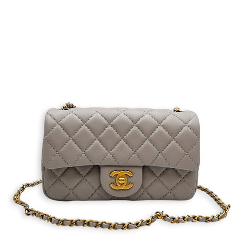 Rectangular Flap with Pearl Crush  Mini Grey Shoulder Bag in Lambskin Gold hardware