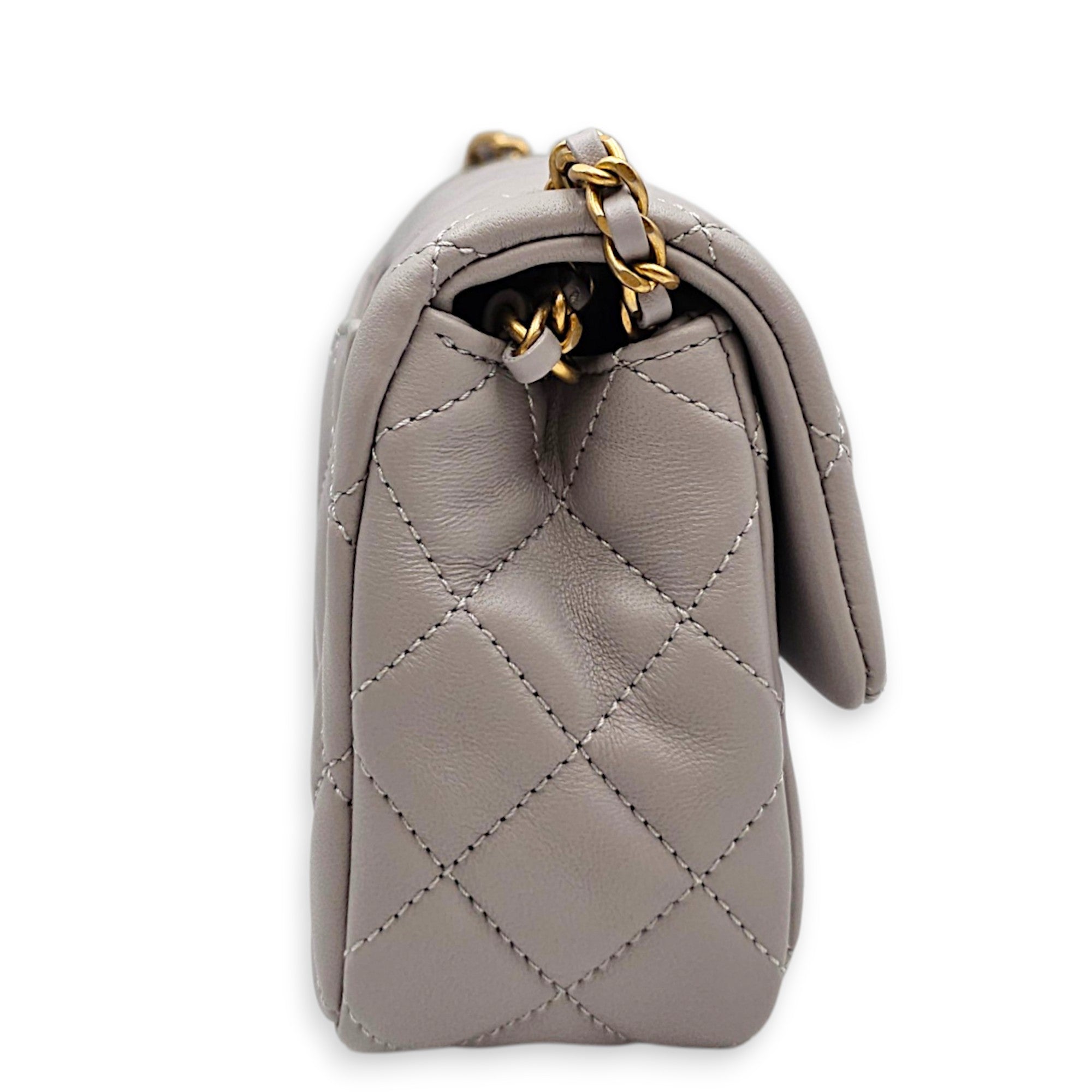 Rectangular Flap with Pearl Crush  Mini Grey Shoulder Bag in Lambskin Gold hardware