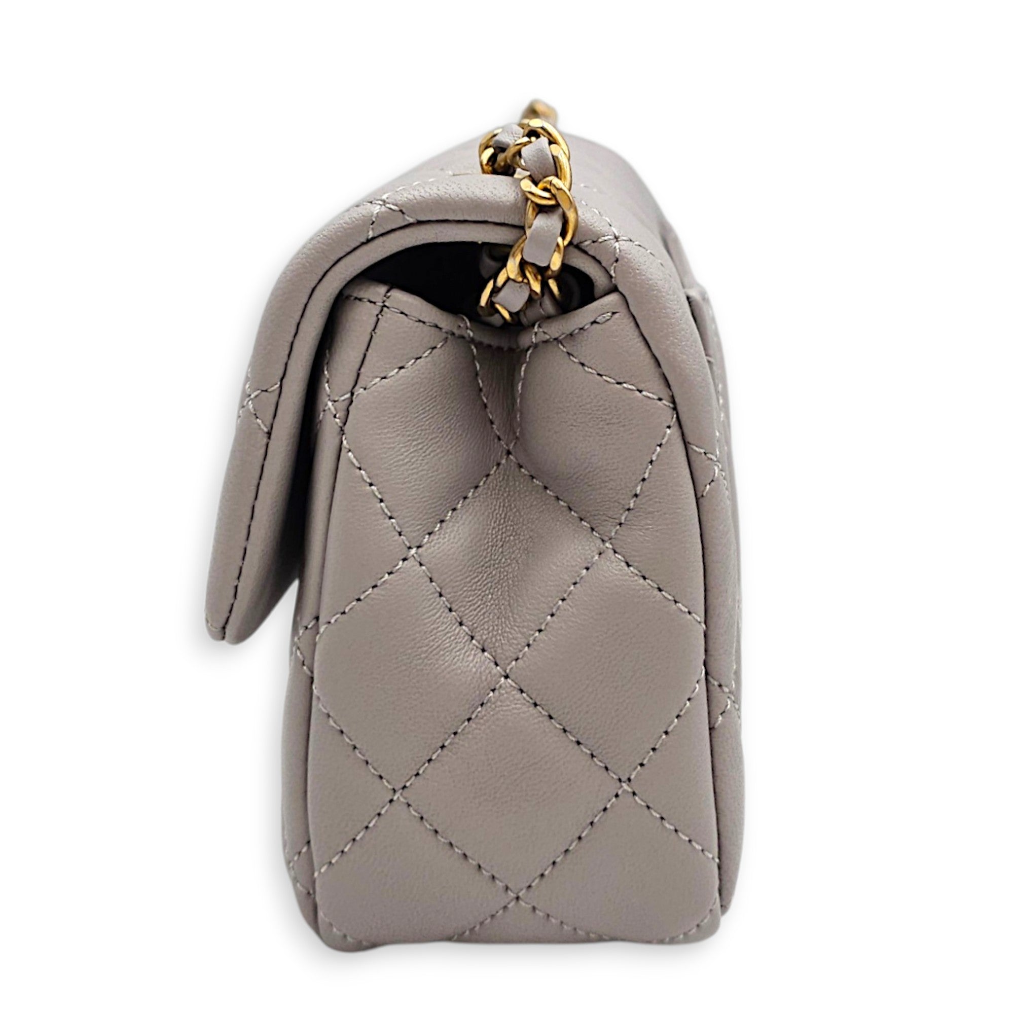 Rectangular Flap with Pearl Crush  Mini Grey Shoulder Bag in Lambskin Gold hardware