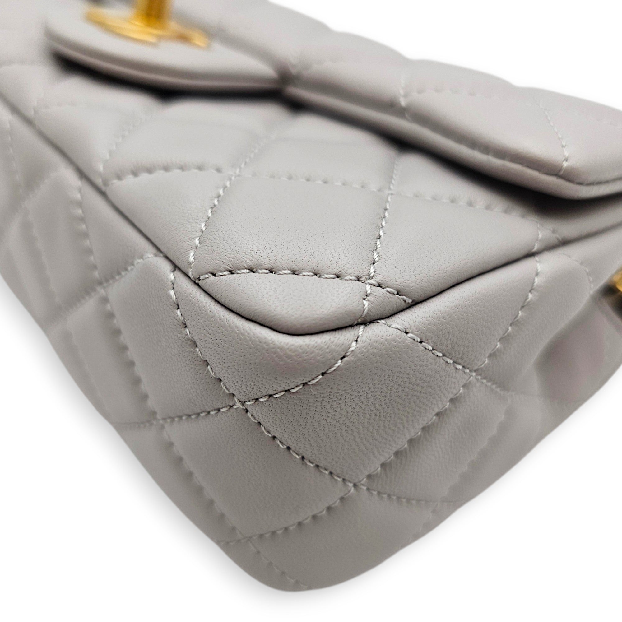 Rectangular Flap with Pearl Crush  Mini Grey Shoulder Bag in Lambskin Gold hardware
