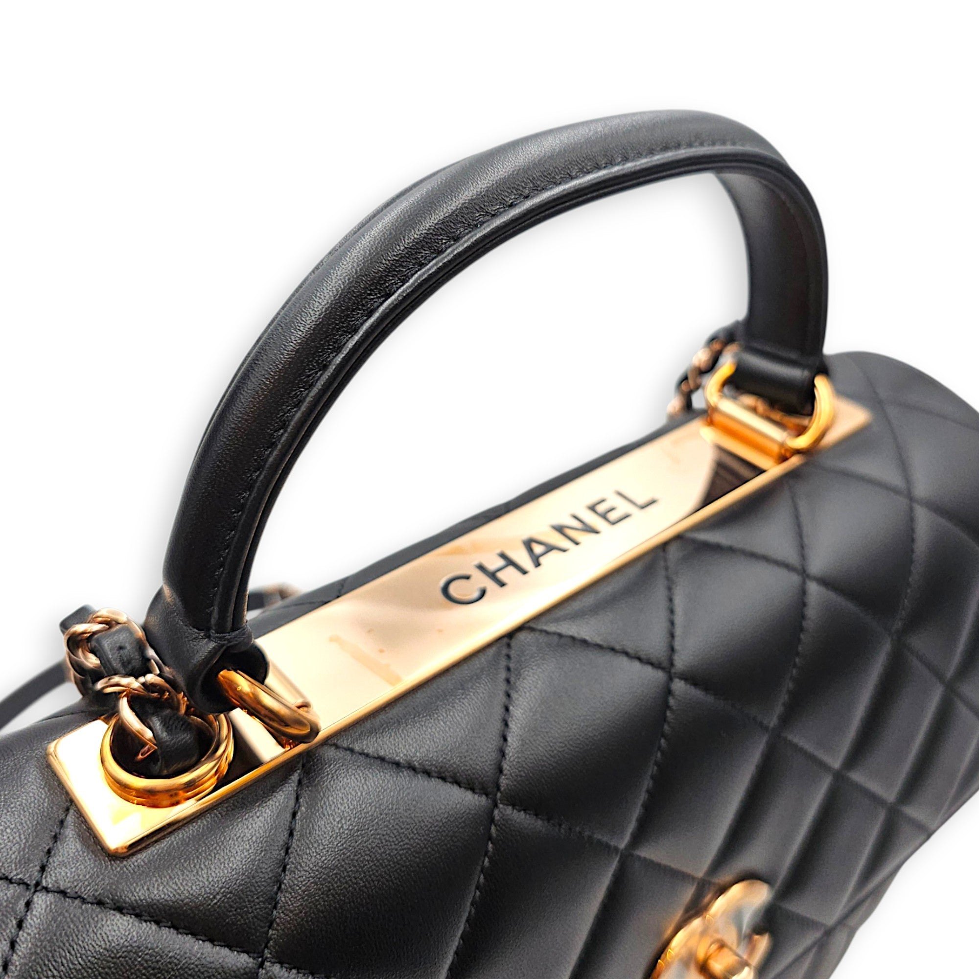 Trendy CC Large Black Top Handle Bag in Lambskin Antique Brass hardware