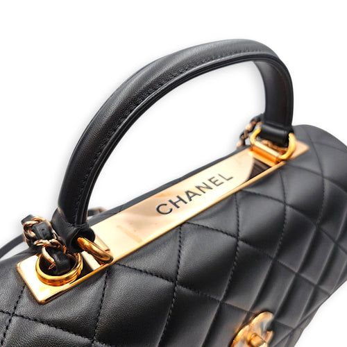 Trendy CC Large Black Top Handle Bag in Lambskin Antique Brass hardware