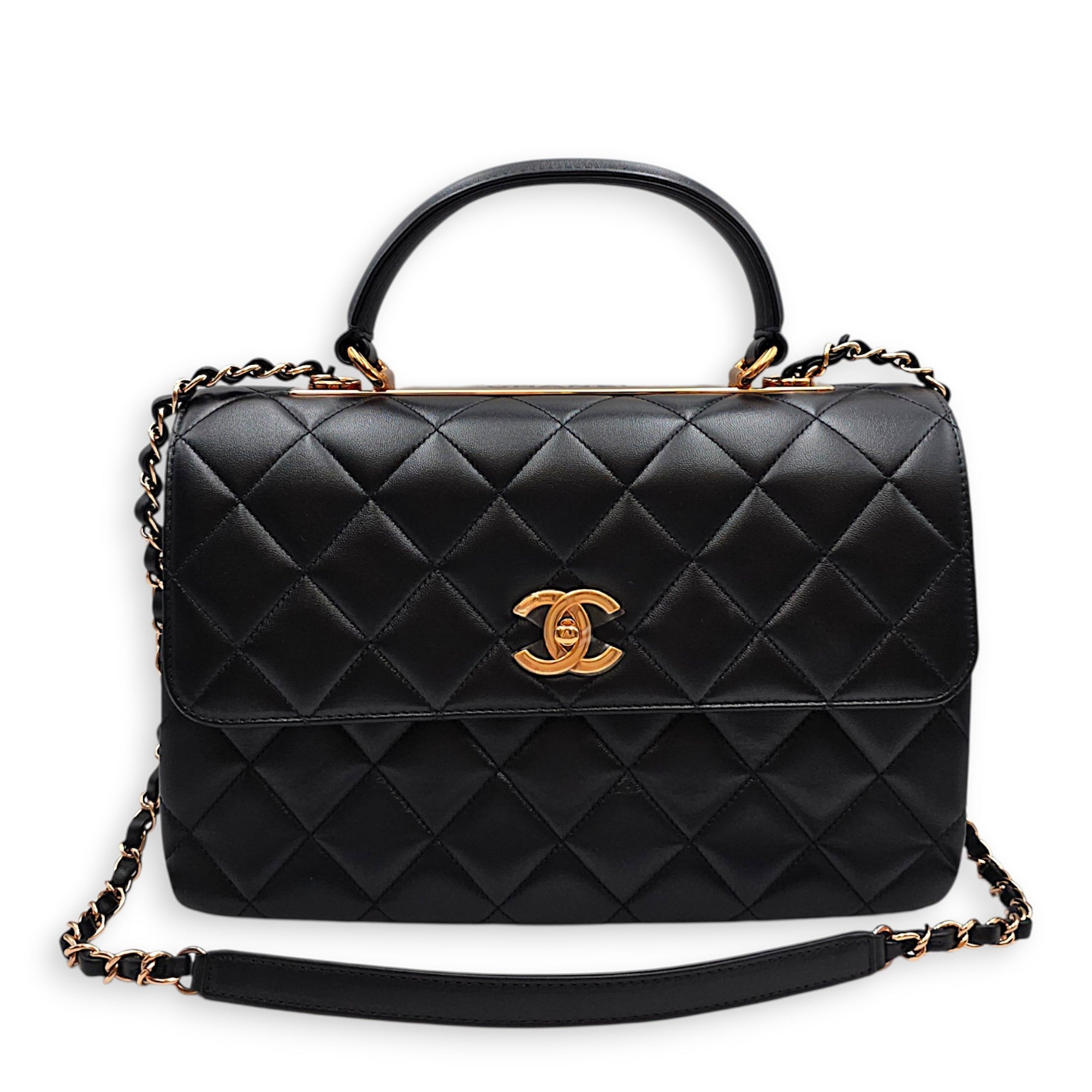 Trendy CC Large Black Top Handle Bag in Lambskin Antique Brass hardware