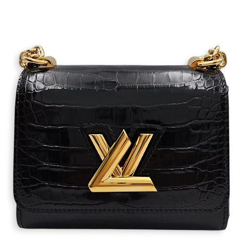 Twist Mini Black Shoulder Bag in Shiny Alligator Gold hardware