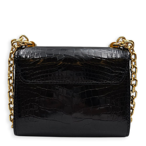 Twist Mini Black Shoulder Bag in Shiny Alligator Gold hardware