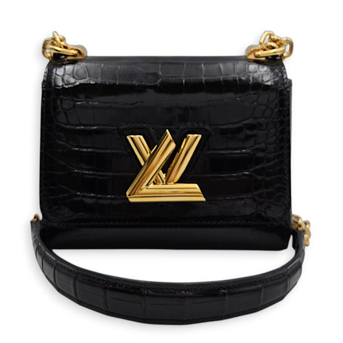 Twist Mini Black Shoulder Bag in Shiny Alligator Gold hardware