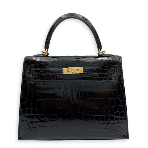 Sellier Kelly 25 Noir in Shiny Niloticus Gold hardware