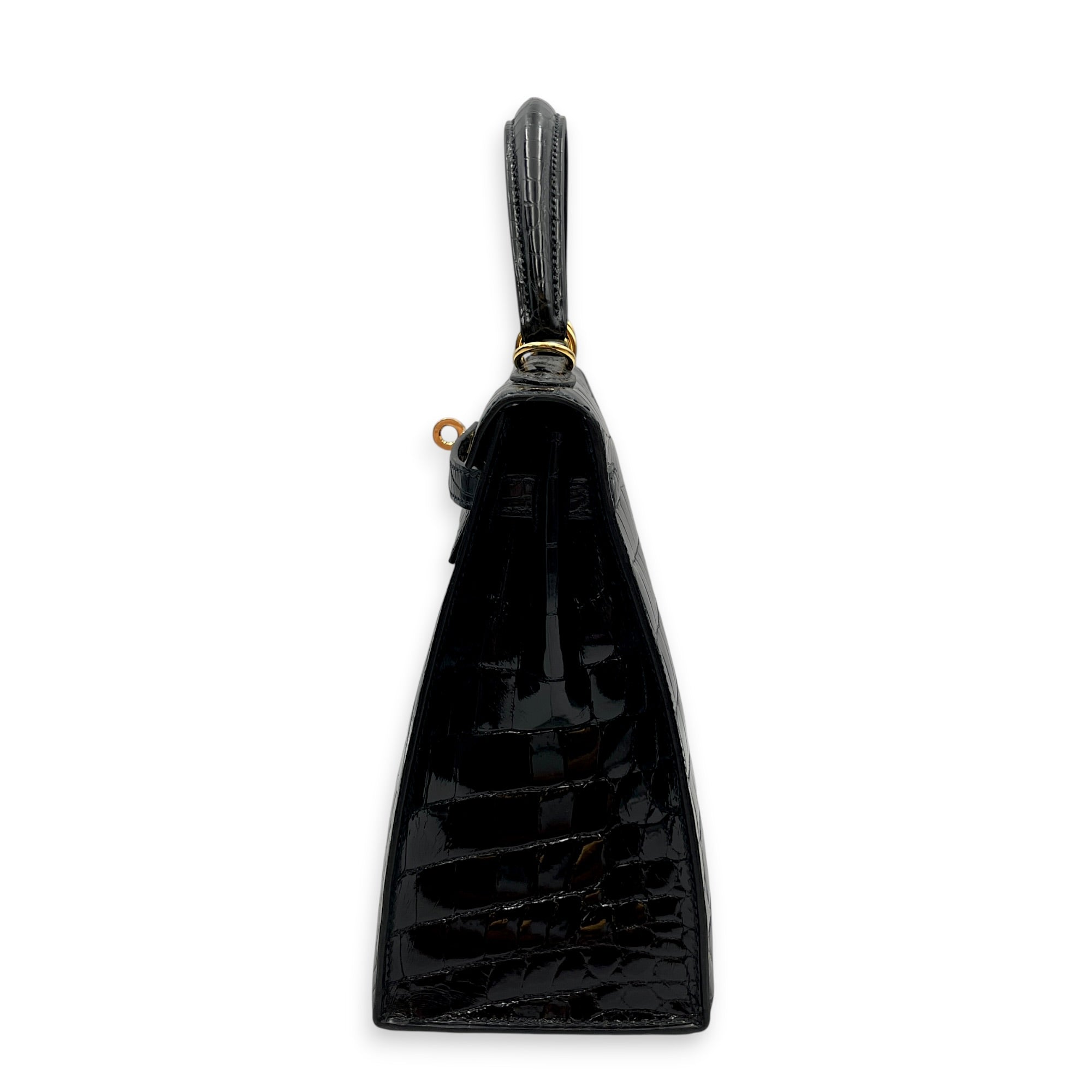 Sellier Kelly 25 Noir in Shiny Niloticus Gold hardware