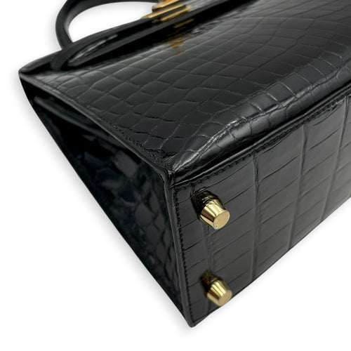 Sellier Kelly 25 Noir in Shiny Niloticus Gold hardware