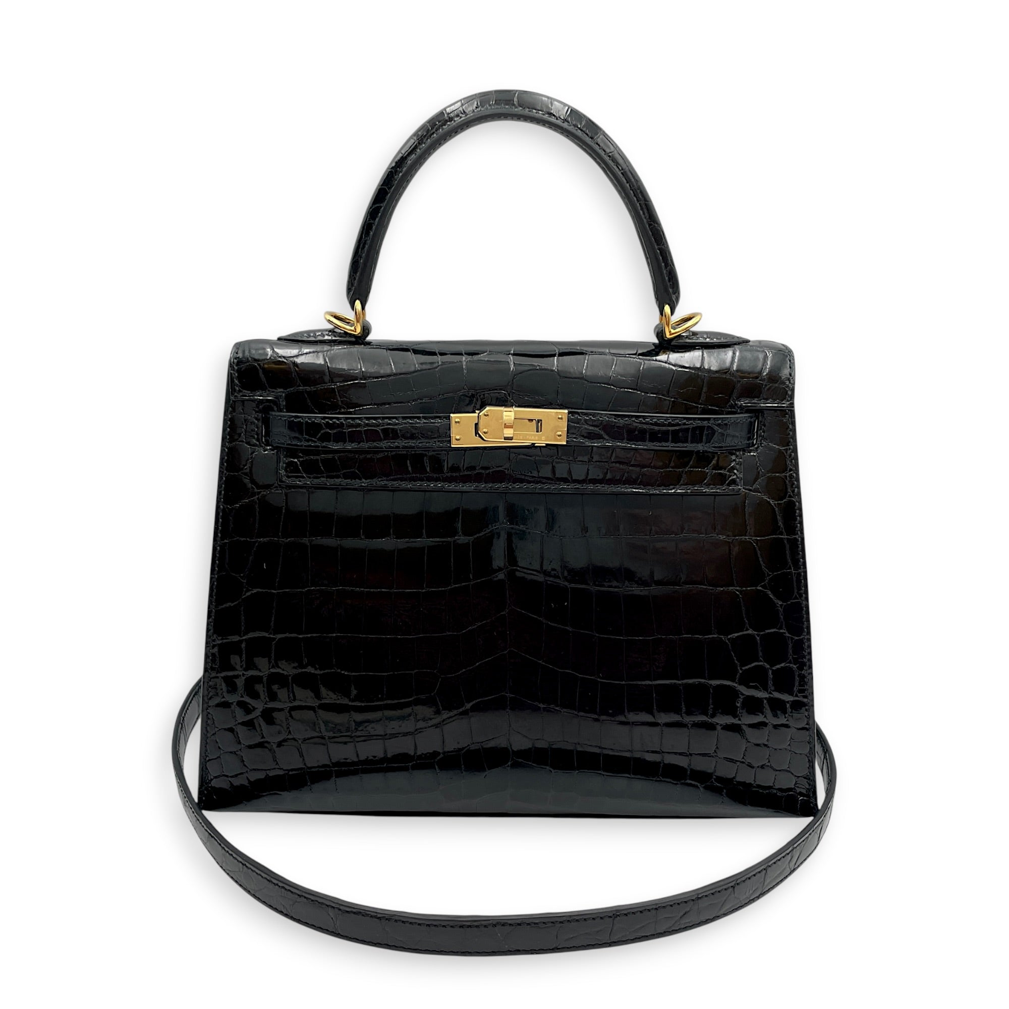 Sellier Kelly 25 Noir in Shiny Niloticus Gold hardware