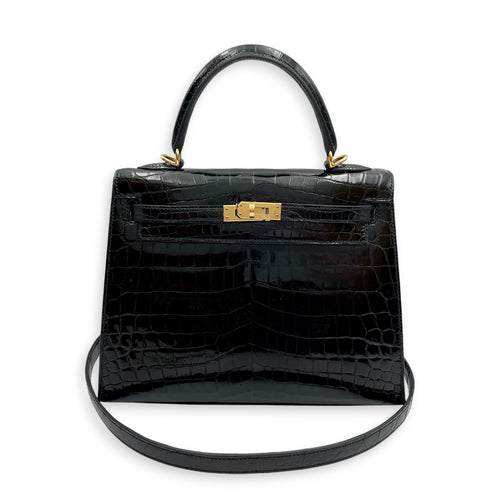 Sellier Kelly 25 Noir in Shiny Niloticus Gold hardware
