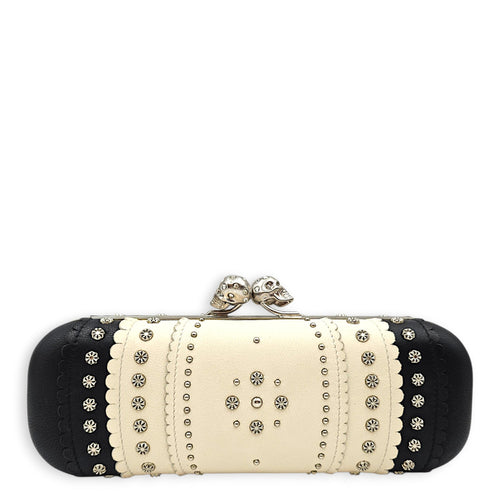 Two -tone Scalloped Leather Studded Skull Box Beige Clutch in Nappa Leather Silver hardware CL2608-22754 1