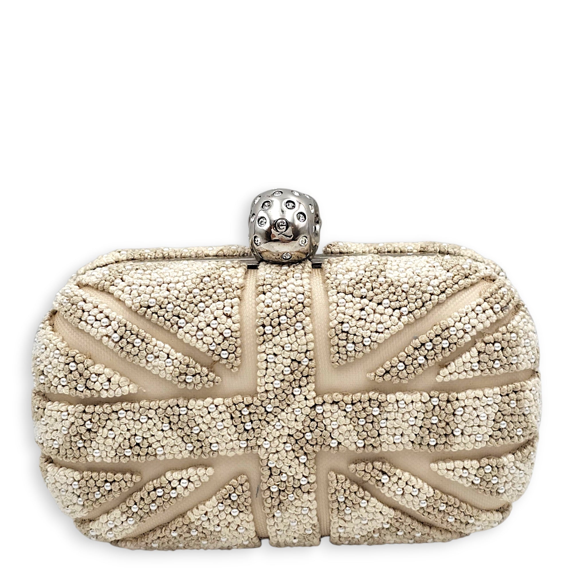 Skull Box Beige Clutch in Canvas Silver hardware CL2608-22755 2