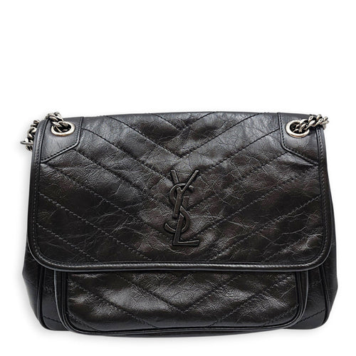 Niki Medium Black Shoulder Bag in Distressed Leather Silver hardware CL2608-22794 1