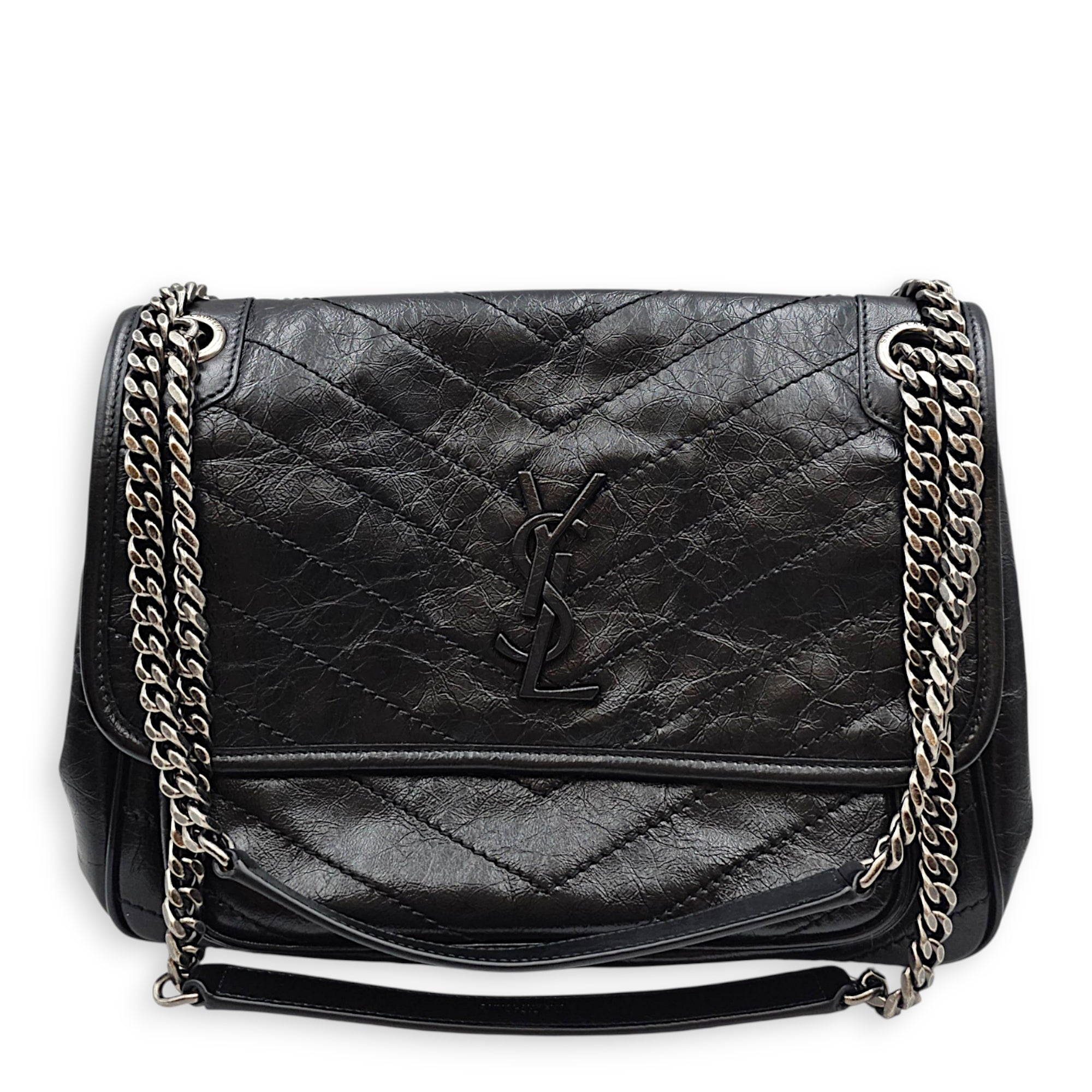 Niki Medium Black Shoulder Bag in Distressed Leather Silver hardware CL2608-22794 7