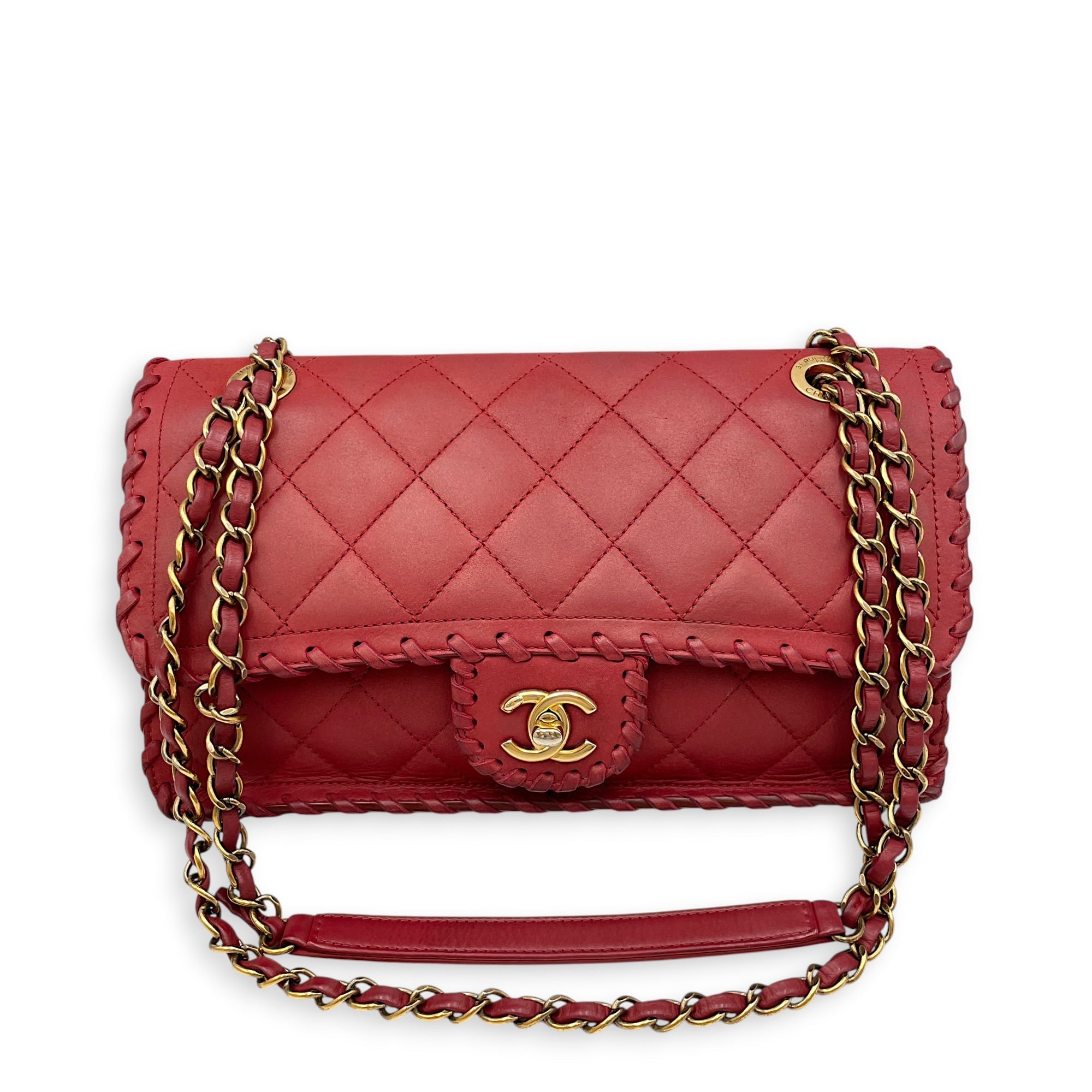 Happy Stitch Flap 25cm Red Shoulder Bag in Calfskin Gold hardware CL2608-22838 14