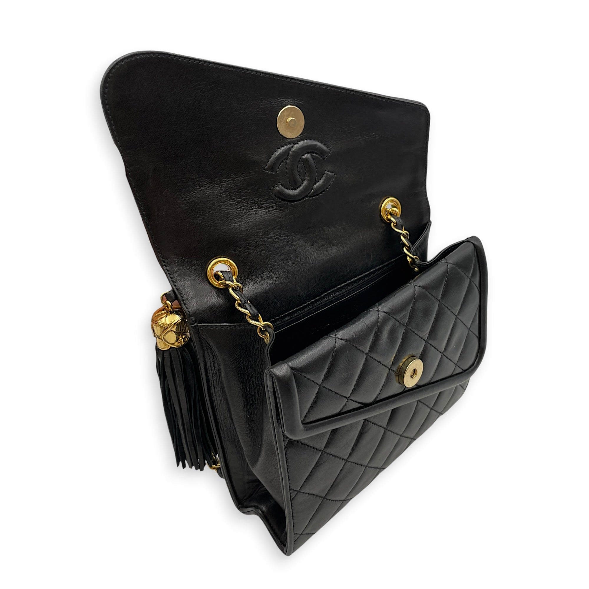 Vintage CC Logo Tassel Asymmetrical Double 20cm Black Crossbody Bag in Lambskin Gold hardware CL2608-22896 8