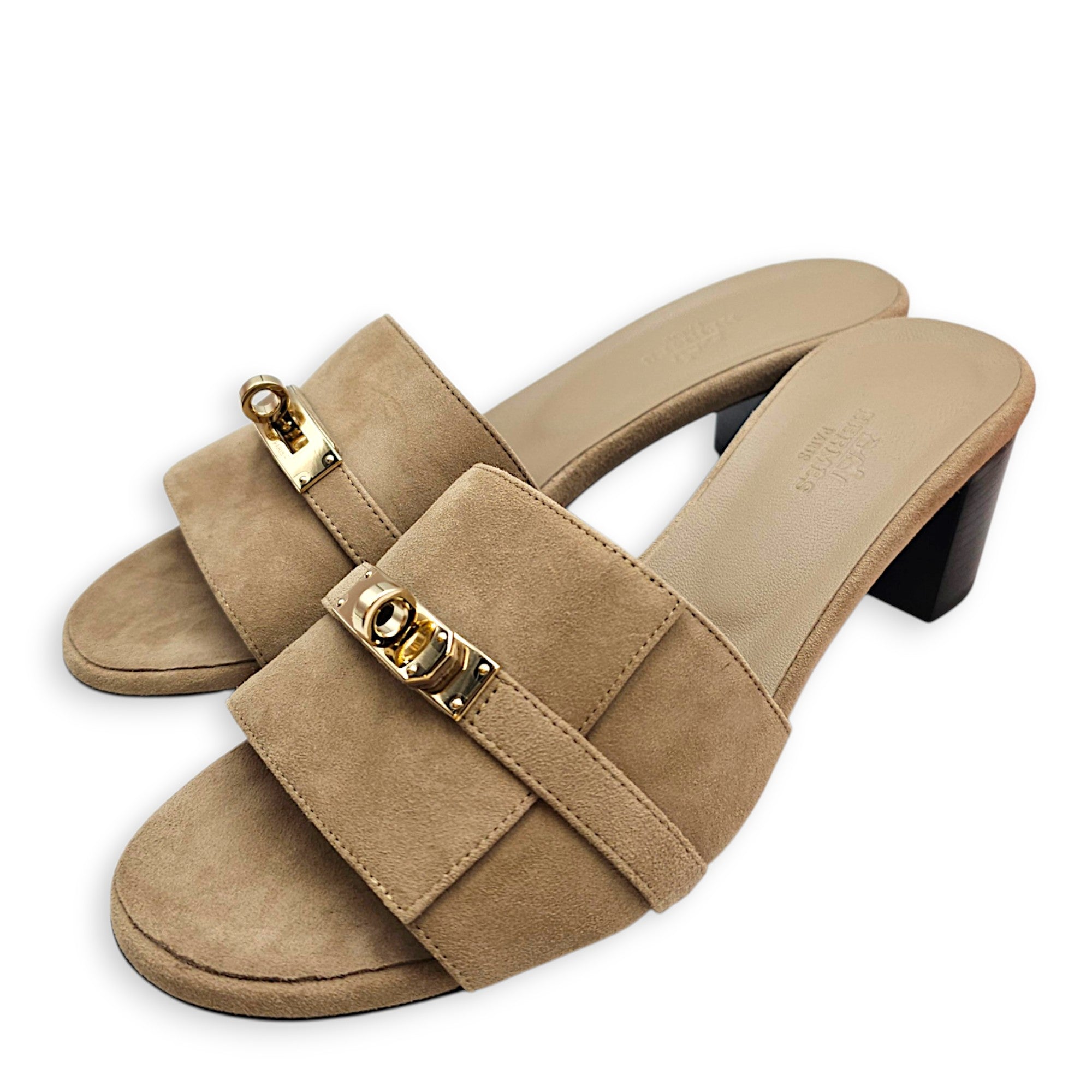 Gigi 50 38.5 Beige Lin Sandals in Suede Leather Permabrass hardware CL2608-22897 2