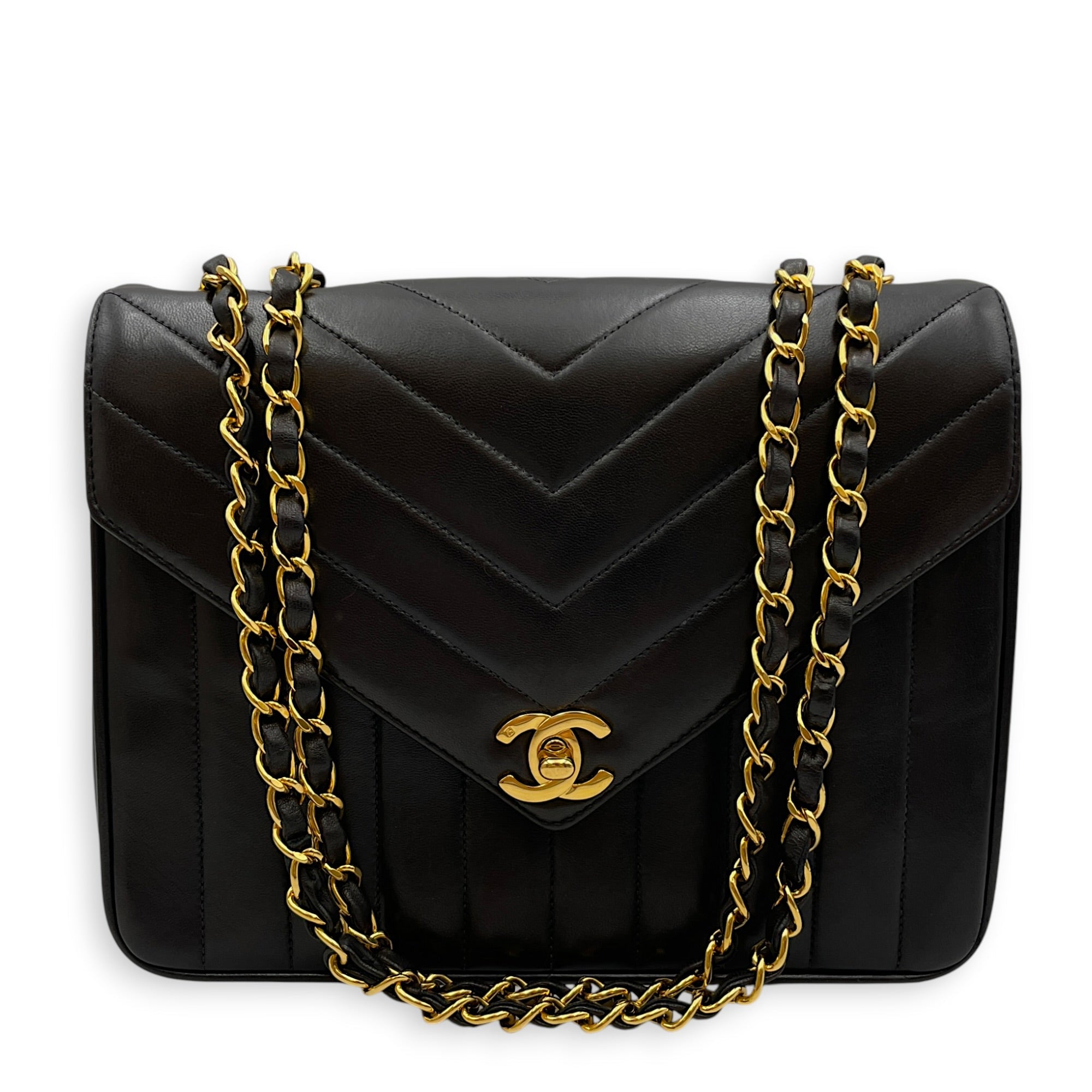 Vintage Chevron Envelope Flap 24cm Black Shoulder Bag in Lambskin Gold hardware CL2608-22902 3